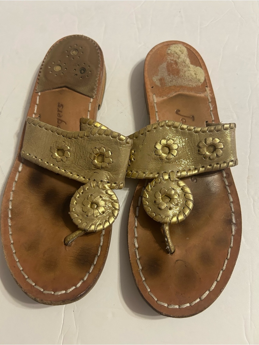 Jack Rogers Gold Leather Floral Toe-Loop Sandals